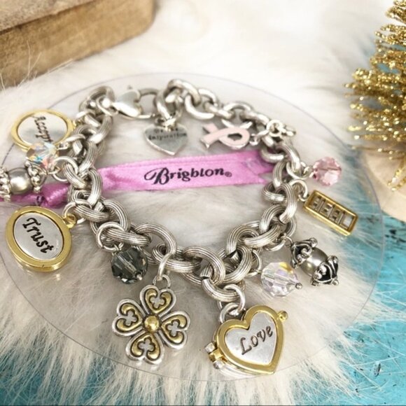 Brighton Jewelry - Brighton Power of Pink Hearts Love Crystal Silver Plate Charm Bracelet